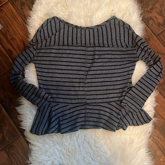 Free People Blue Black Stripe Peplum Long Sleeve Shirt - Picture 7 of 9